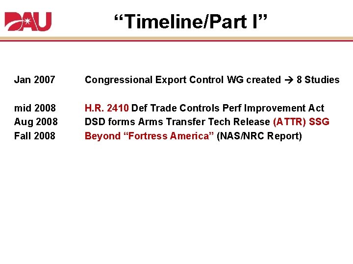 “Timeline/Part I” Jan 2007 Congressional Export Control WG created 8 Studies mid 2008 Aug