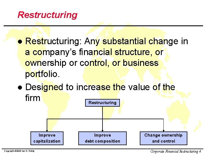 Restructuring: Any substantial change in a company’s financial structure, or ownership or control, or