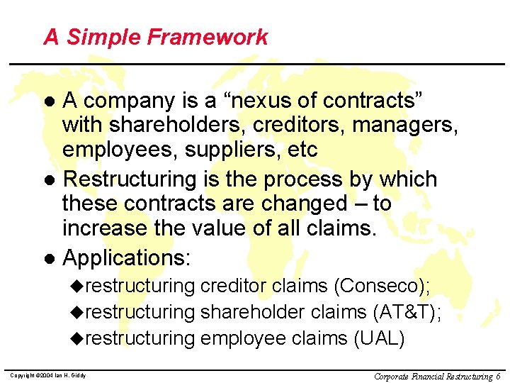 A Simple Framework A company is a “nexus of contracts” with shareholders, creditors, managers,