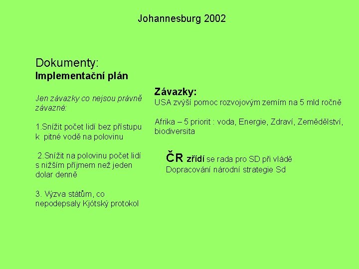 Johannesburg 2002 Dokumenty: Implementační plán Jen závazky co nejsou právně závazné: 1. Snížit počet
