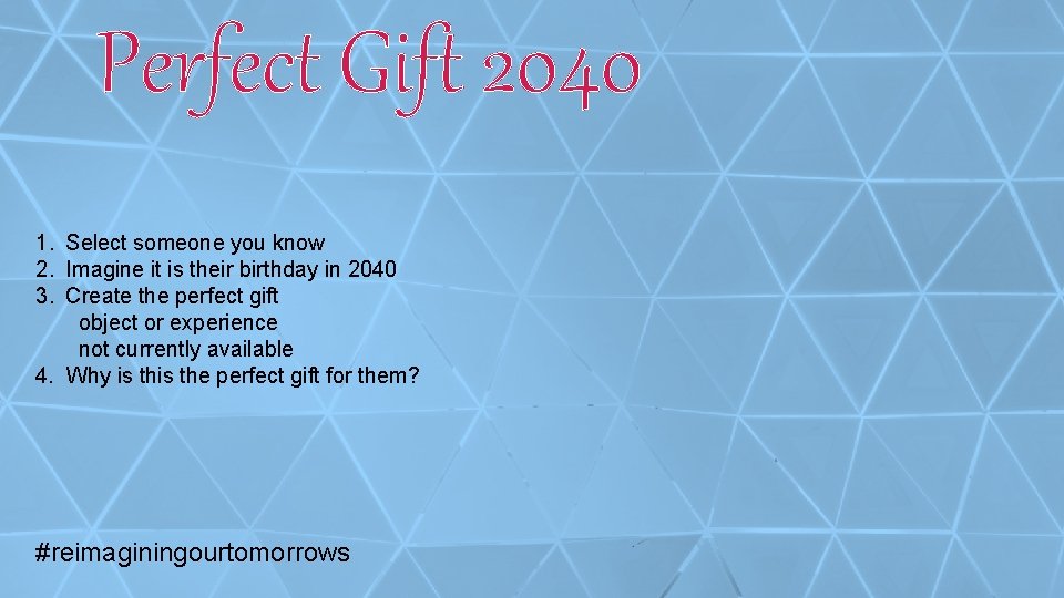 Perfect Gift 2040 1. Select someone you know 2. Imagine it is their birthday