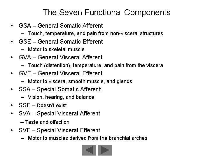 The Seven Functional Components • GSA – General Somatic Afferent – Touch, temperature, and