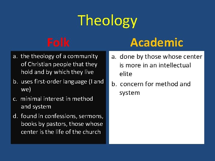 Theology Folk Academic a. theology of a community a. done by those whose center