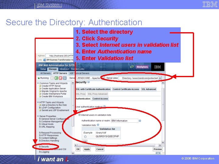 IBM System i Secure the Directory: Authentication 1. Select the directory 2. Click Security