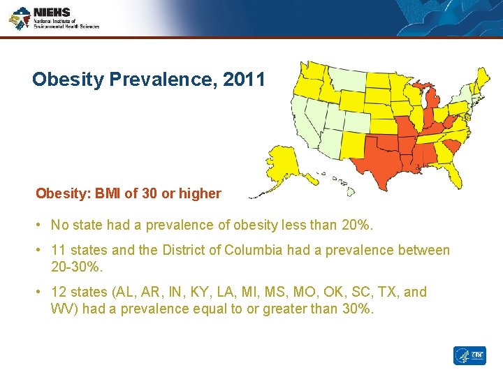 Obesity Prevalence, 2011 Obesity: BMI of 30 or higher • No state had a