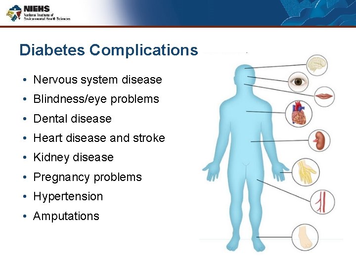 Diabetes Complications • Nervous system disease • Blindness/eye problems • Dental disease • Heart