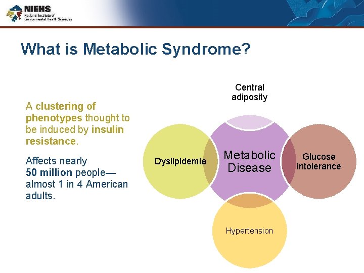 What is Metabolic Syndrome? Central adiposity A clustering of phenotypes thought to be induced