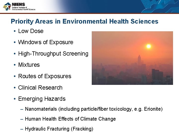 Priority Areas in Environmental Health Sciences • Low Dose • Windows of Exposure •