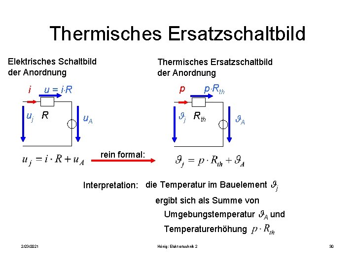 Thermisches Ersatzschaltbild Elektrisches Schaltbild der Anordnung i Thermisches Ersatzschaltbild der Anordnung u = i×R