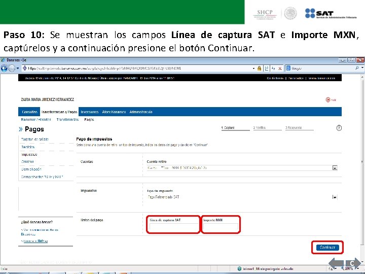 Paso 10: Se muestran los campos Línea de captura SAT e Importe MXN, captúrelos