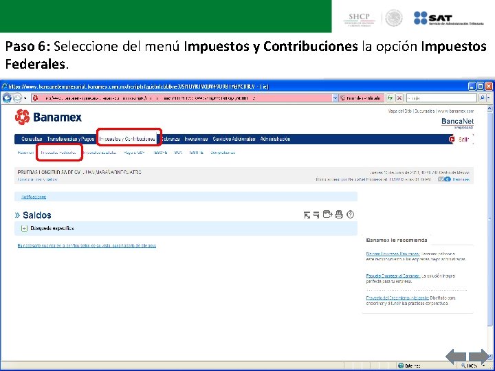 Paso 6: Seleccione del menú Impuestos y Contribuciones la opción Impuestos Federales. 