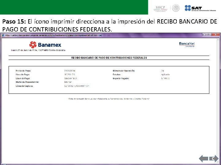 Paso 15: El ícono imprimir direcciona a la impresión del RECIBO BANCARIO DE PAGO