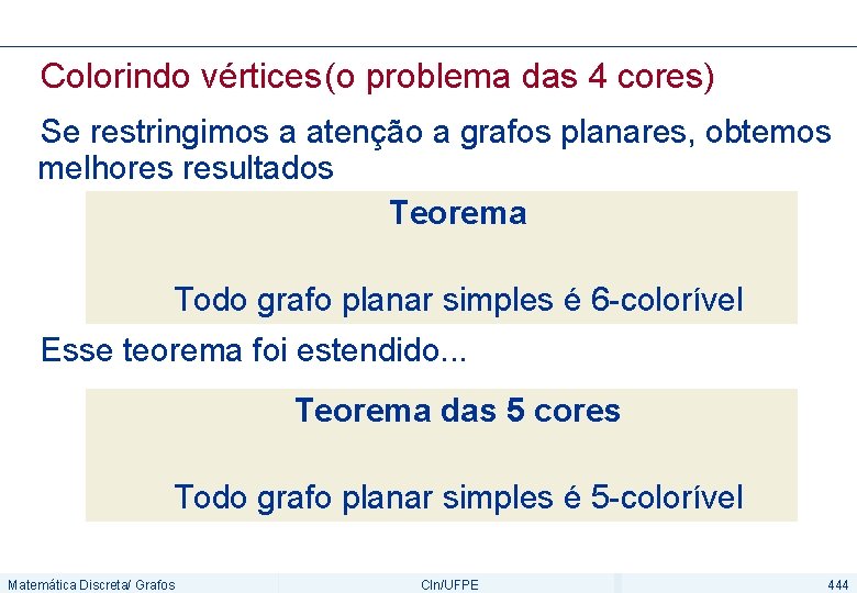 Colorindo vértices(o problema das 4 cores) Se restringimos a atenção a grafos planares, obtemos