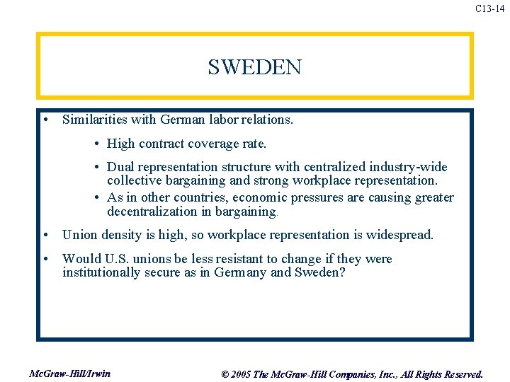 C 13 -14 SWEDEN • Similarities with German labor relations. • High contract coverage