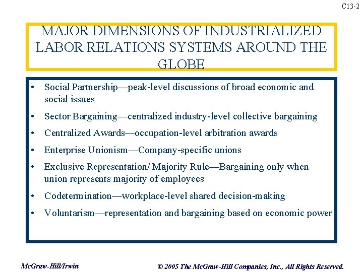 C 13 -2 MAJOR DIMENSIONS OF INDUSTRIALIZED LABOR RELATIONS SYSTEMS AROUND THE GLOBE •