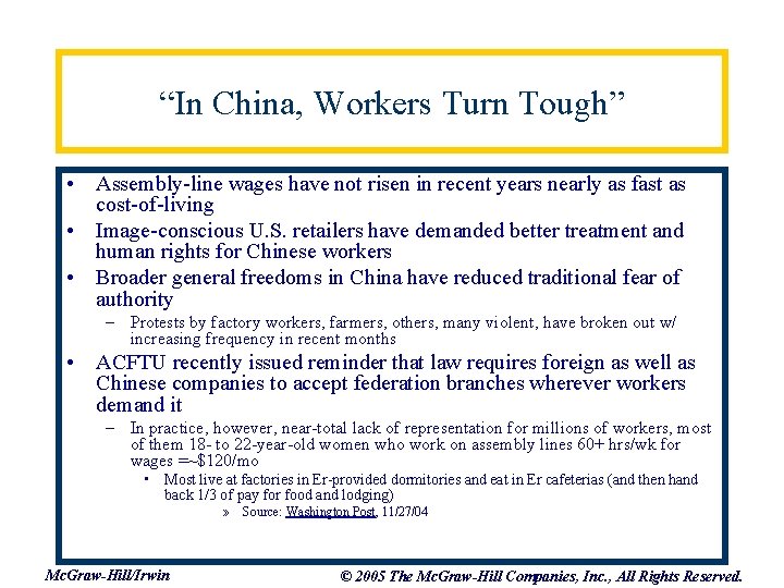 “In China, Workers Turn Tough” • Assembly-line wages have not risen in recent years