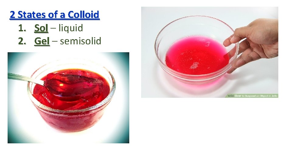 2 States of a Colloid 1. Sol – liquid Sol 2. Gel – semisolid