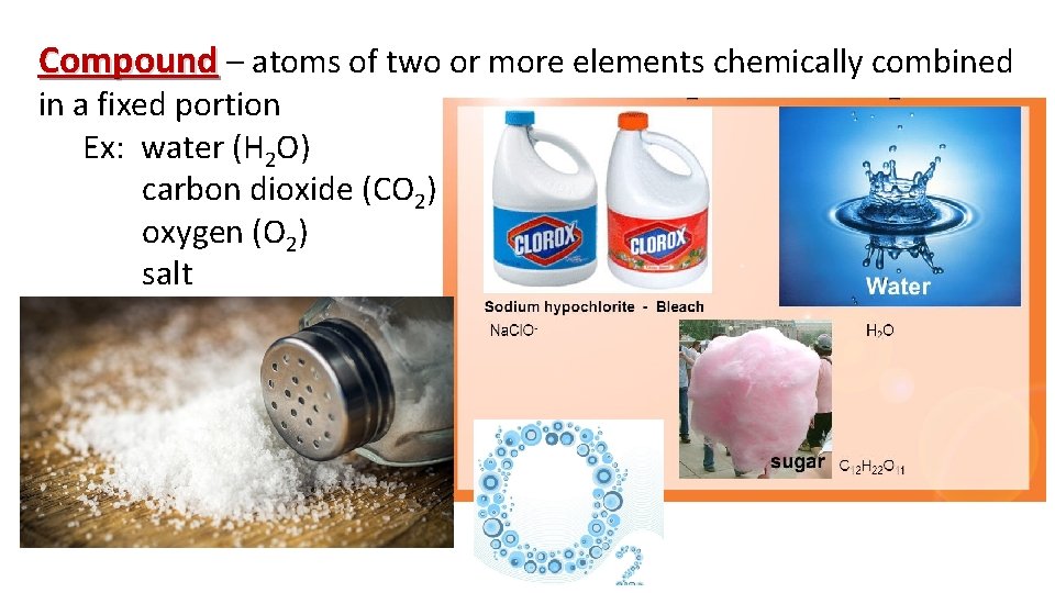 Compound – atoms of two or more elements chemically combined in a fixed portion