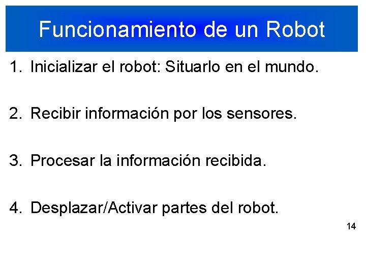 Funcionamiento de un Robot 1. Inicializar el robot: Situarlo en el mundo. 2. Recibir