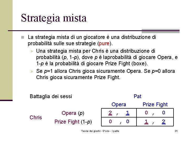 Strategia mista n La strategia mista di un giocatore è una distribuzione di probabilità