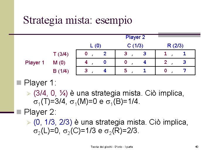 Strategia mista: esempio Player 2 L (0) Player 1 C (1/3) R (2/3) T