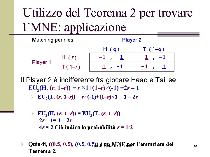 Utilizzo del Teorema 2 per trovare l’MNE: applicazione Matching pennies Player 2 H (q)