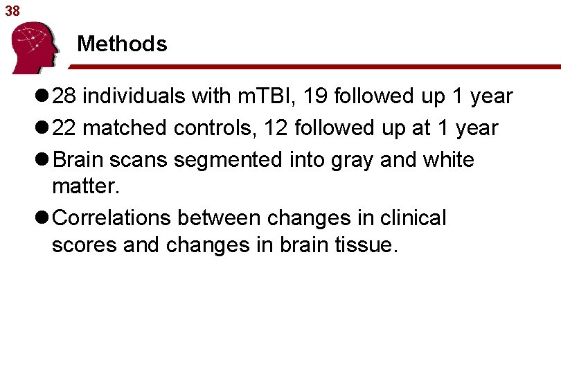 38 Methods l 28 individuals with m. TBI, 19 followed up 1 year l