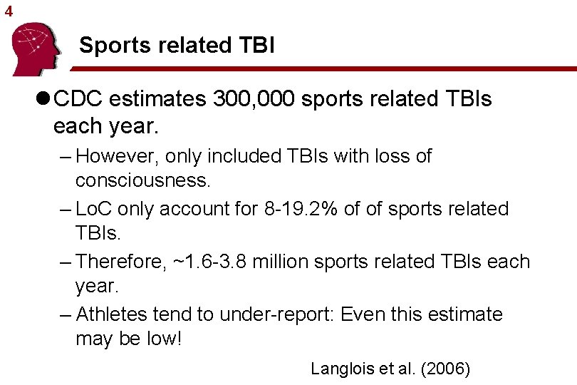 4 Sports related TBI l CDC estimates 300, 000 sports related TBIs each year.