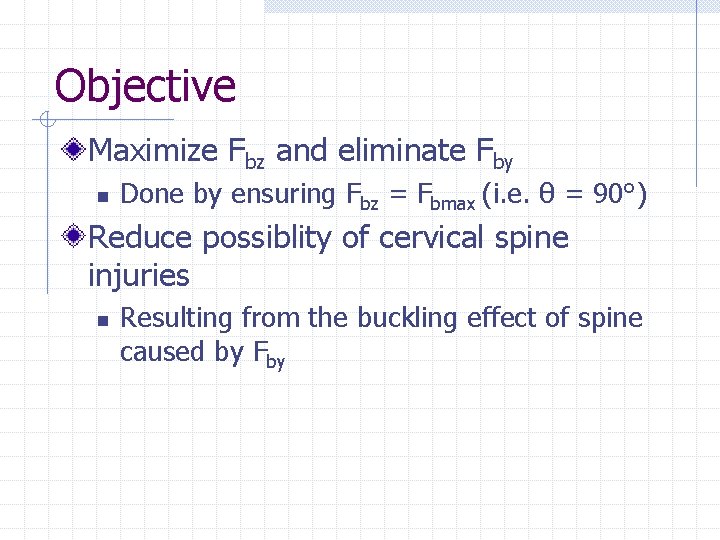 Objective Maximize Fbz and eliminate Fby n Done by ensuring Fbz = Fbmax (i.