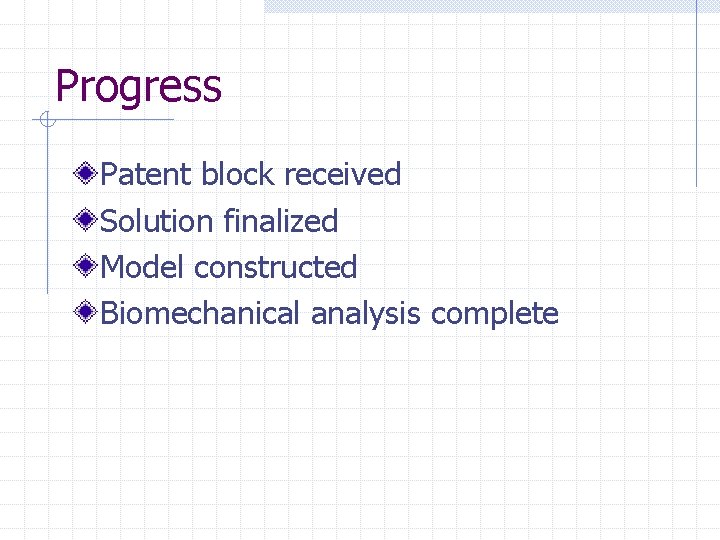 Progress Patent block received Solution finalized Model constructed Biomechanical analysis complete 