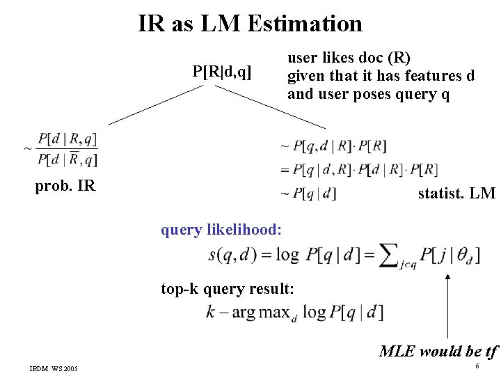 IR as LM Estimation P[R|d, q] user likes doc (R) given that it has