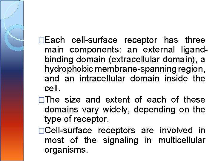 �Each cell-surface receptor has three main components: an external ligandbinding domain (extracellular domain), a