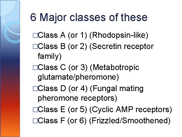 6 Major classes of these �Class A (or 1) (Rhodopsin-like) �Class B (or 2)