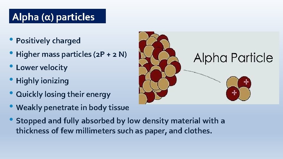 Alpha (α) particles • Positively charged • Higher mass particles (2 P + 2
