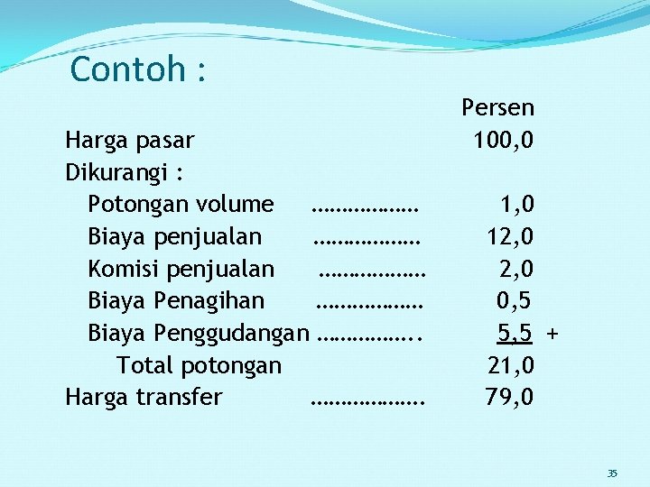 Contoh : Harga pasar Dikurangi : Potongan volume ……………… Biaya penjualan ……………… Komisi penjualan