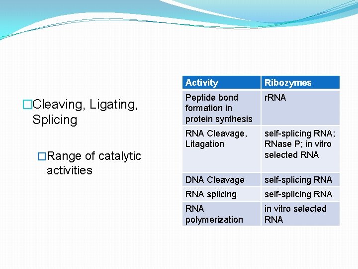�Cleaving, Ligating, Splicing Activity Ribozymes Peptide bond formation in protein synthesis r. RNA Cleavage,