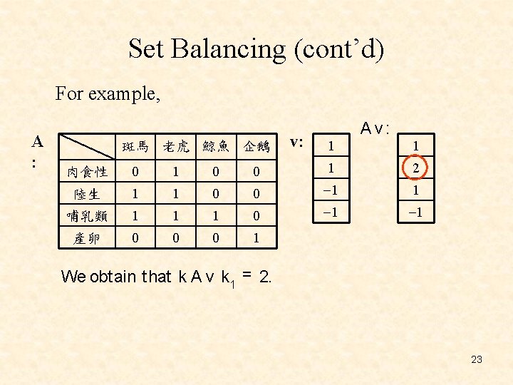 Set Balancing (cont’d) For example, A : 斑馬 老虎 鯨魚 企鵝 v: A v: