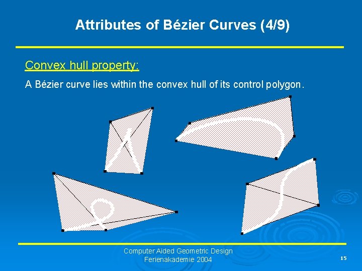 Attributes of Bézier Curves (4/9) Convex hull property: A Bézier curve lies within the