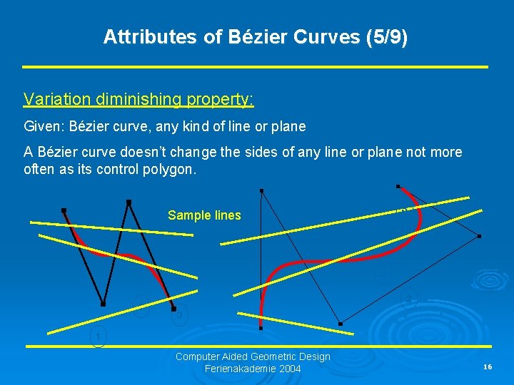 Attributes of Bézier Curves (5/9) Variation diminishing property: Given: Bézier curve, any kind of
