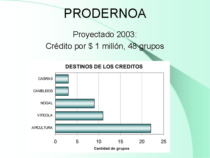 PRODERNOA Proyectado 2003: Crédito por $ 1 millón, 48 grupos 