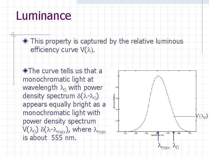 Luminance This property is captured by the relative luminous efficiency curve V(l). The curve Luminance This property is captured by the relative luminous efficiency curve V(l). The curve