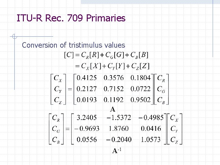 ITU-R Rec. 709 Primaries Conversion of tristimulus values A A-1  ITU-R Rec. 709 Primaries Conversion of tristimulus values A A-1
