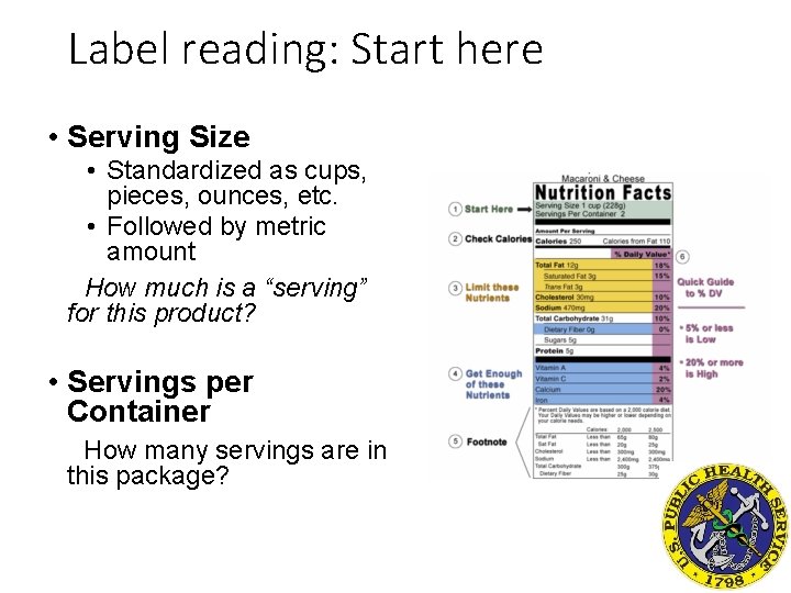 Label reading: Start here • Serving Size • Standardized as cups, pieces, ounces, etc.