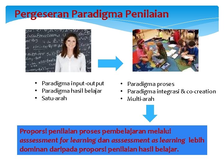 Pergeseran Paradigma Penilaian Teacher-centered • Paradigma input-output • Paradigma hasil belajar • Satu-arah Student-centered