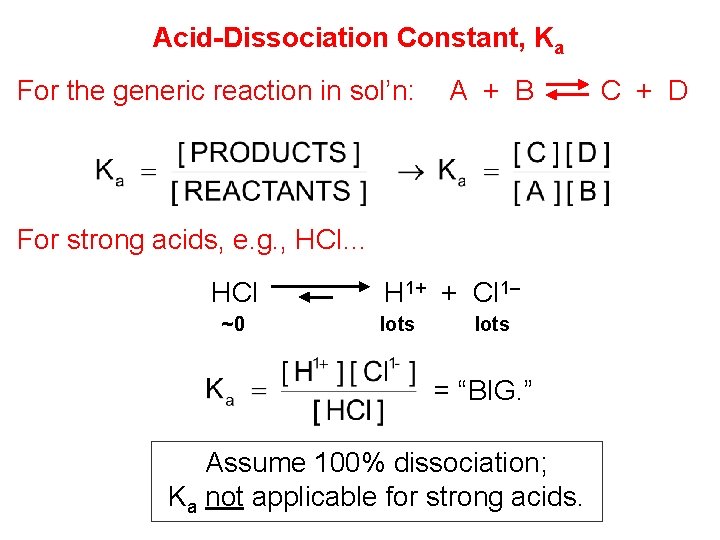 Acid-Dissociation Constant, Ka For the generic reaction in sol’n: A + B For strong