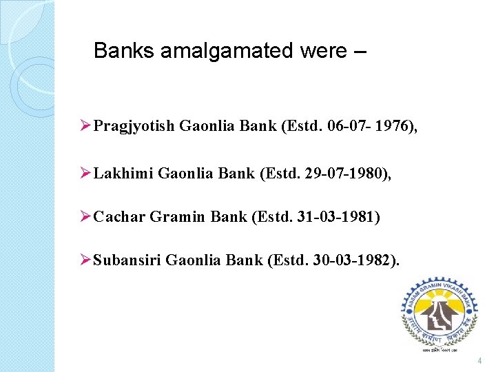 Banks amalgamated were – ØPragjyotish Gaonlia Bank (Estd. 06 -07 - 1976), ØLakhimi Gaonlia