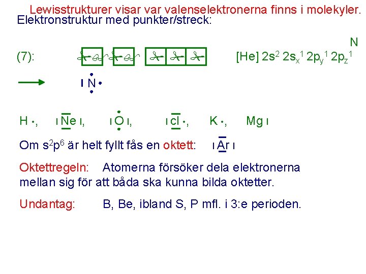 Lewisstrukturer visar valenselektronerna finns i molekyler. Elektronstruktur med punkter/streck: N (7): [He] 2 s