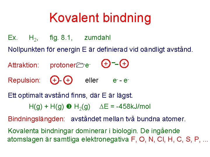 Kovalent bindning Ex. H 2, fig. 8. 1, zumdahl Nollpunkten för energin E är