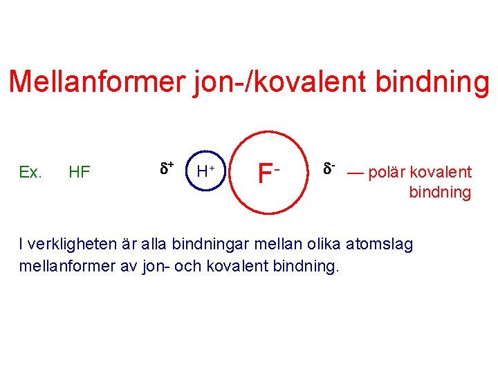 Mellanformer jon-/kovalent bindning Ex. HF + H+ F- - — polär kovalent bindning I
