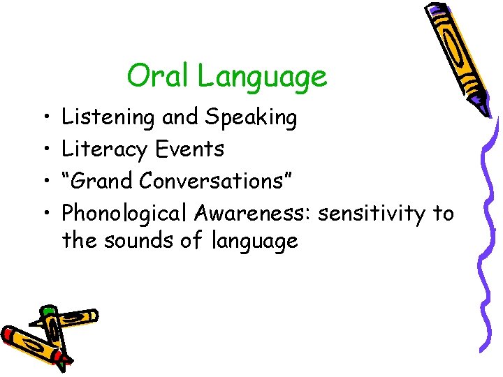 Oral Language • • Listening and Speaking Literacy Events “Grand Conversations” Phonological Awareness: sensitivity